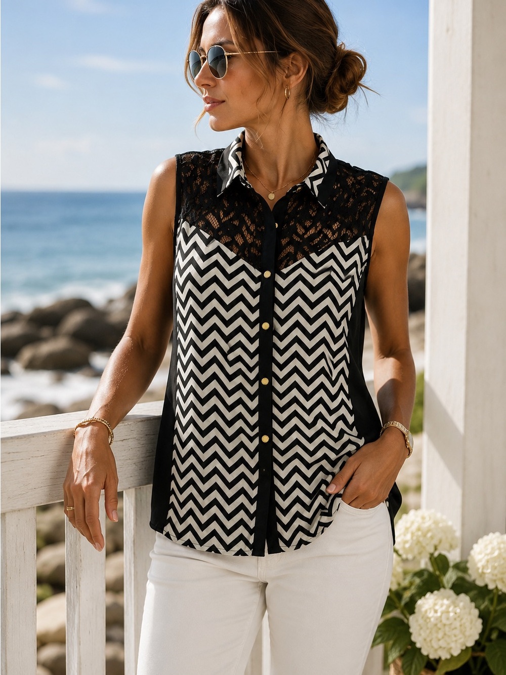 Pepe Peluso Black White Chevron Lace Sleeveless Blouse Top M Preppy Coastal